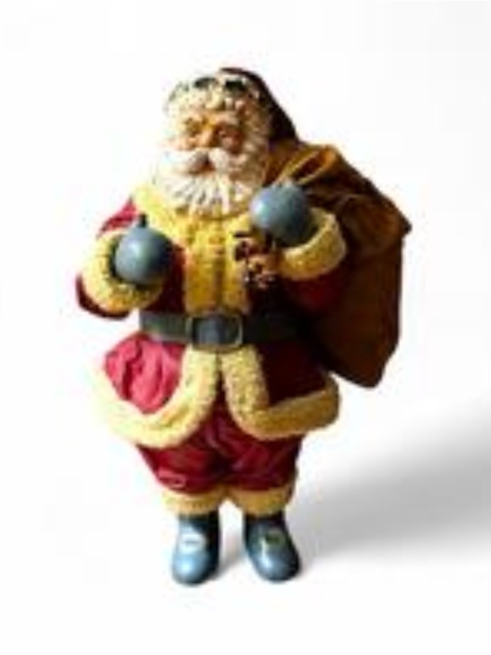 Vintage Santa Claus figurine with red & yellow fur trim, paper mache sack 9.5”